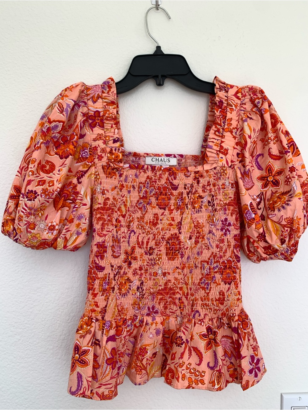 Chaus Peach Pink Floral Smocked Peplum Blouse
